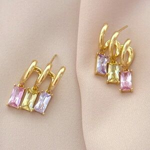14K Gold Plated Triple Hoop Earrings Real Crystal Stones Waterproof Dainty